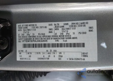 2020 Ford F150 Supercrew из США, поврежденный, VIN 1FTEW1EPXLKE22835